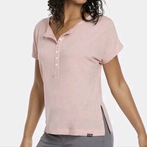 Woolly Merino Wool Base Layer Pink Button Detail Women's Short Sleeve Top Sz S